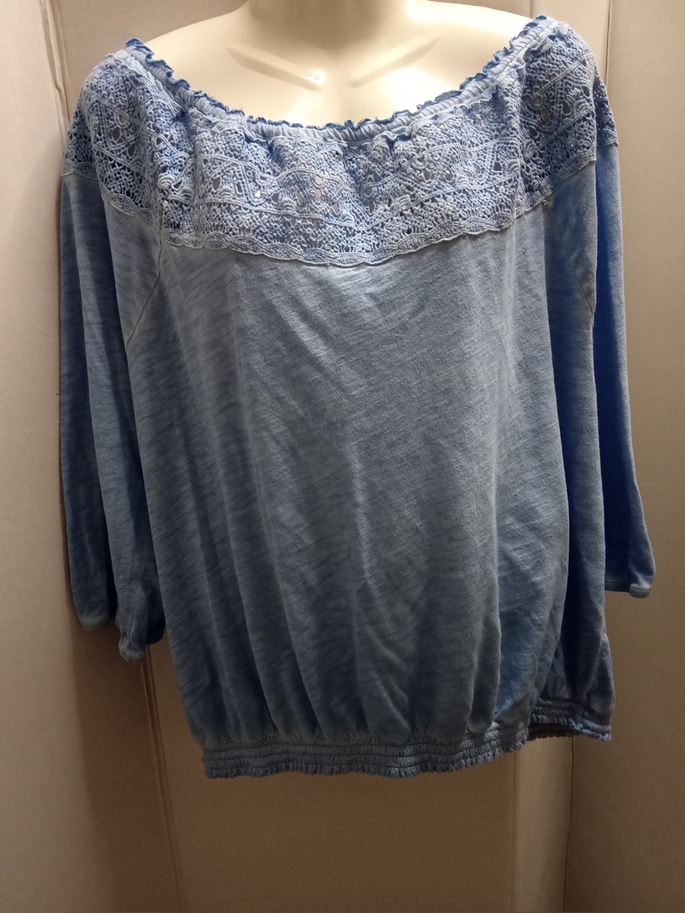 Sonoma Light Blue Lace Crochet Neck 3/4 Sleeve Blouse Top Plus Size 2X A2